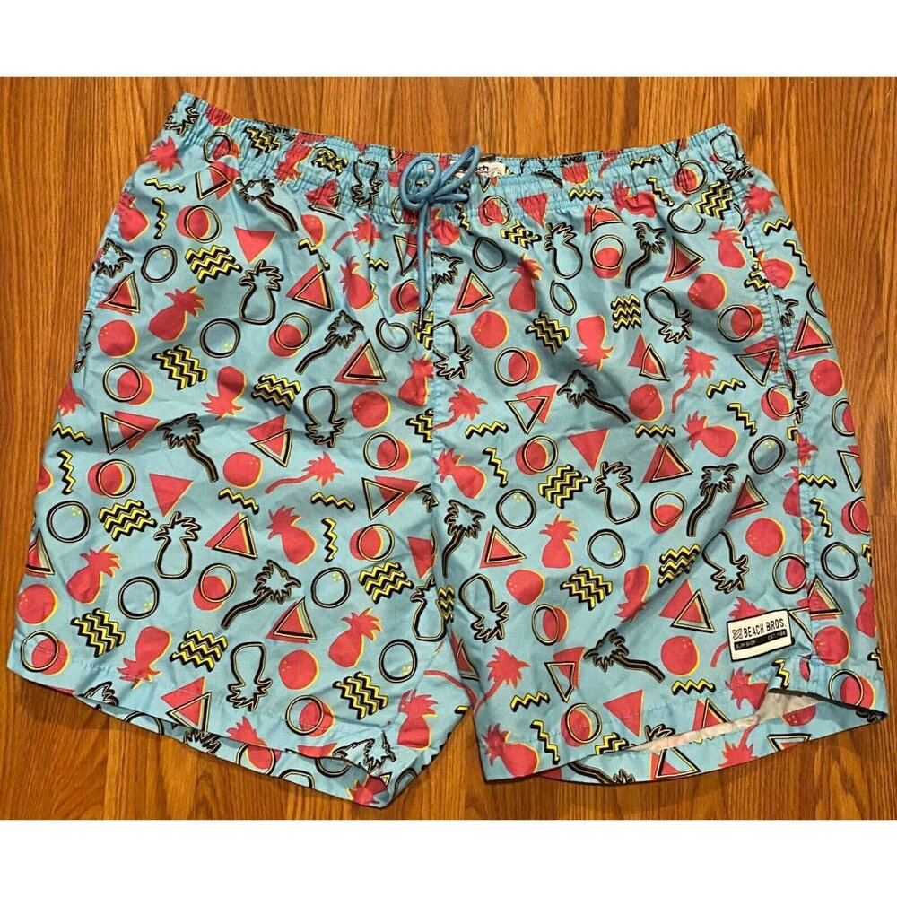 Vtg Beach Bros Men 3XL Blue Geometric Board Shorts Beach Swim Trunks Lined